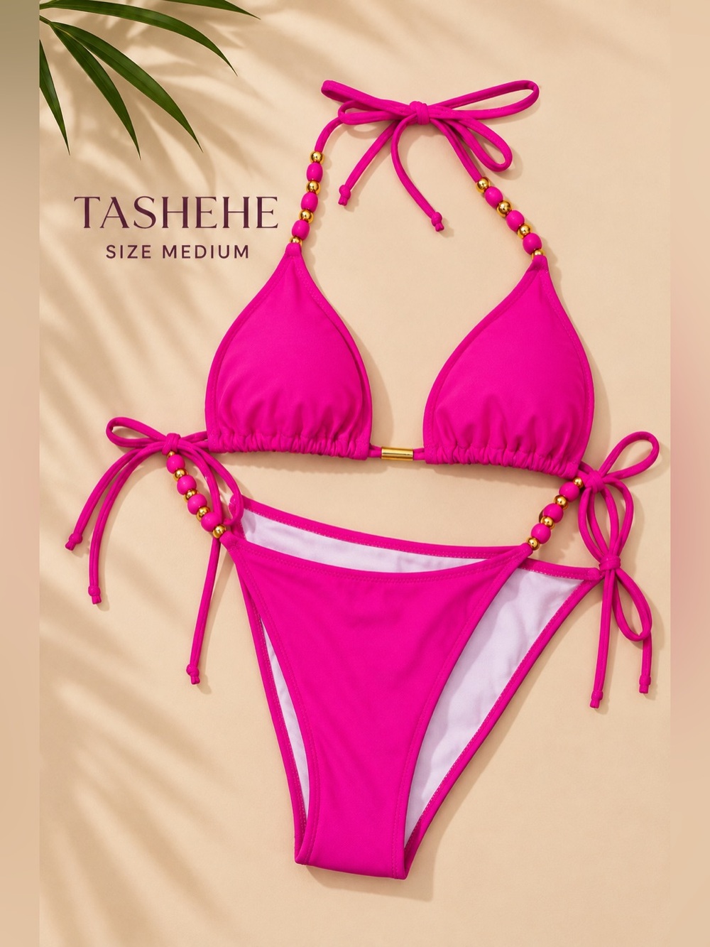 TASHEHE Hot Pink Beaded Triangle Tie Side Bikini Set Size Medium